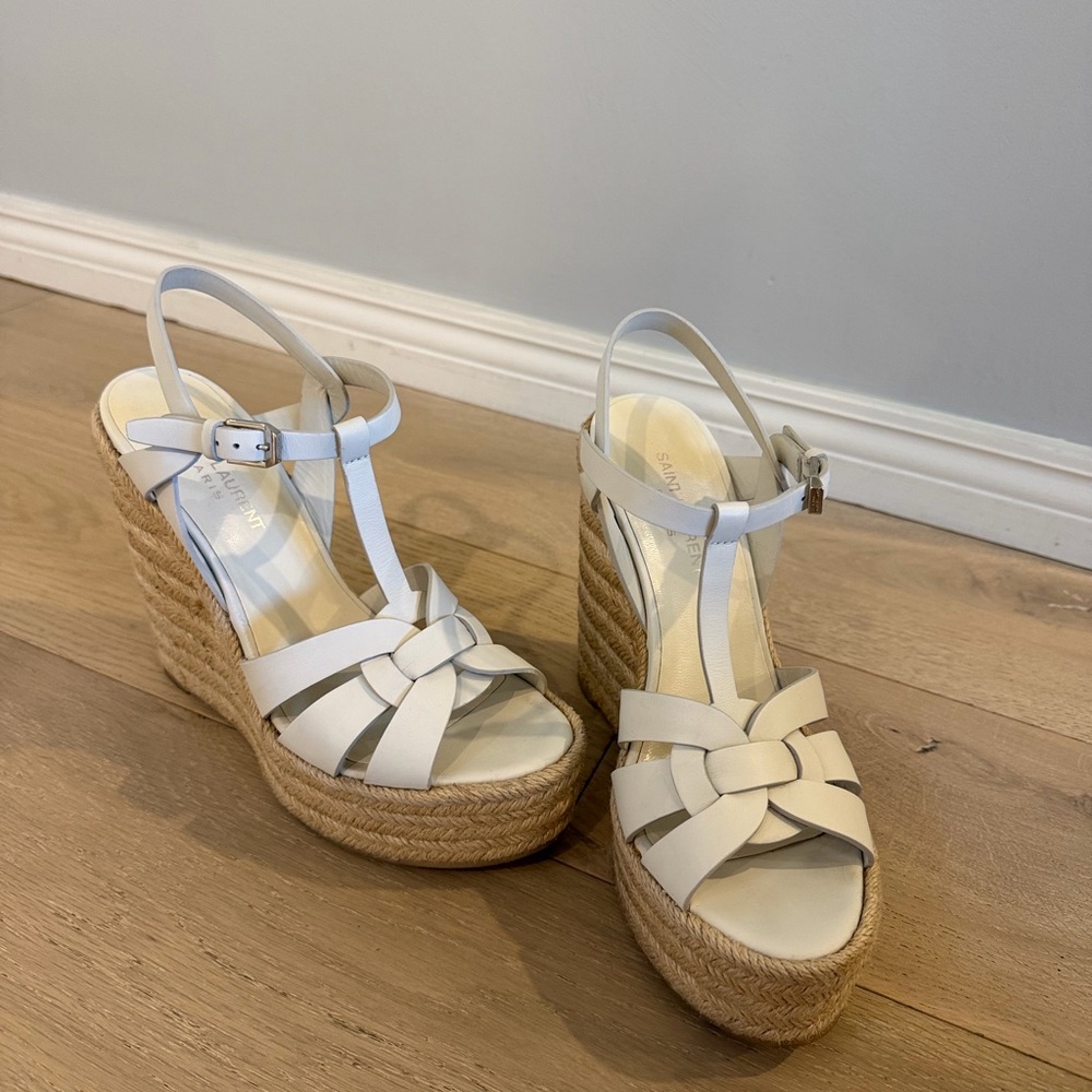 Saint Laurent Tribute Espadrille Wedge in Porcellana (White/Cream)